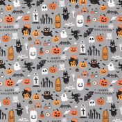 Halloween fabric with pumpkins, cats, bats and ghosts on grey background
